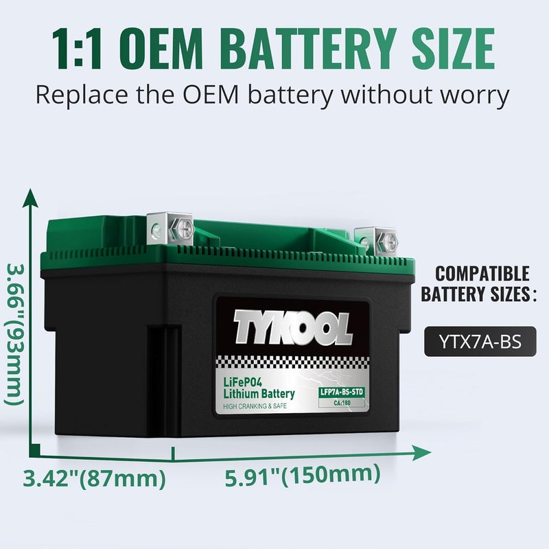 TYKOOL YTX7A-BS,Lithium LiFePO4 Motorcycle Battery, 12.8V 3.2Ah,180 CCA, 2X Cranking Amps,5X Longer Life, Compatible for Motorcycle, Moped, ATV,4 Wheeler, Lawn Mower, and Generator Battery - Image 2
